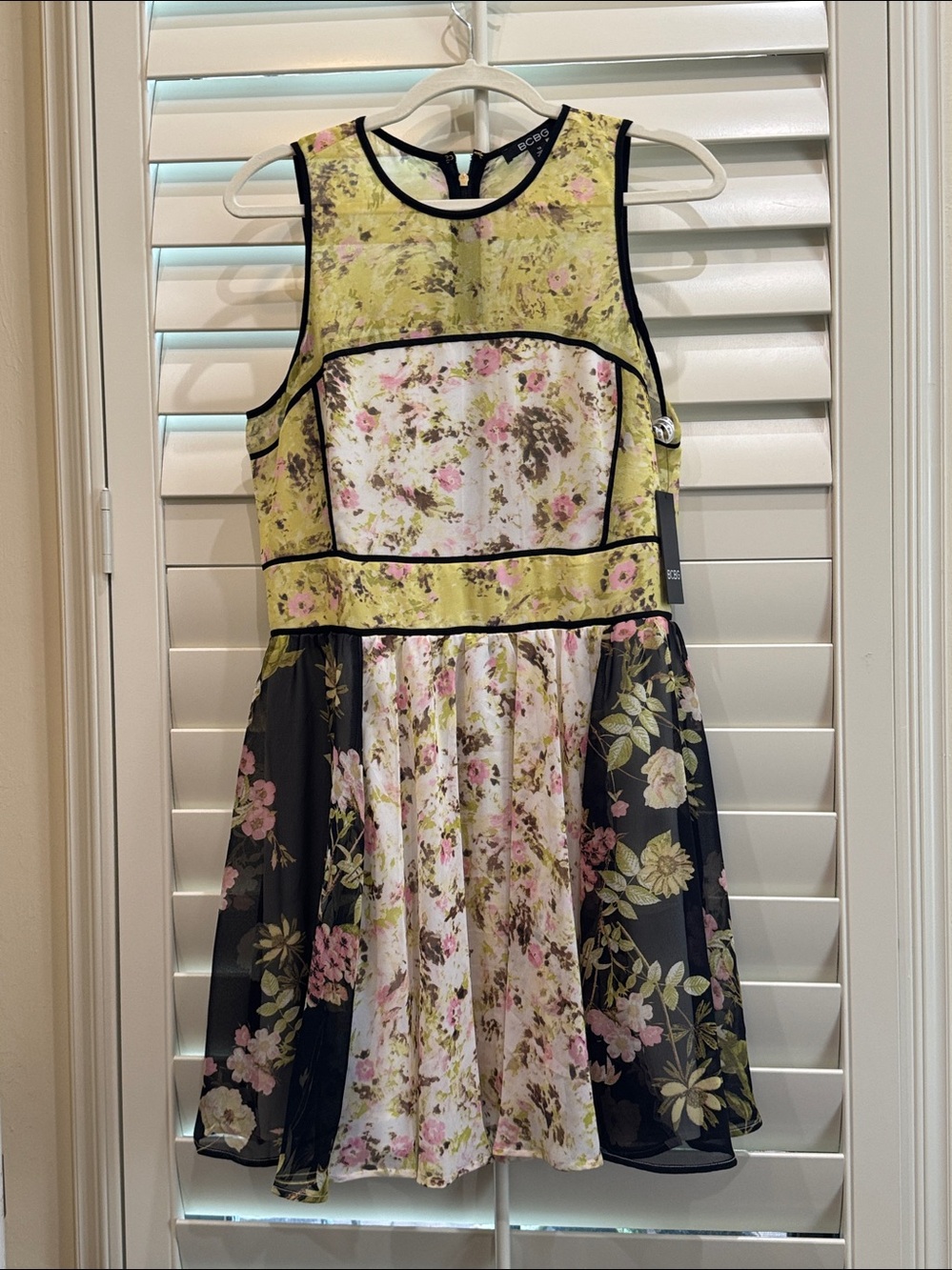BCBG Floral Fit-and-Flare Mini Dress in Yellow and Black